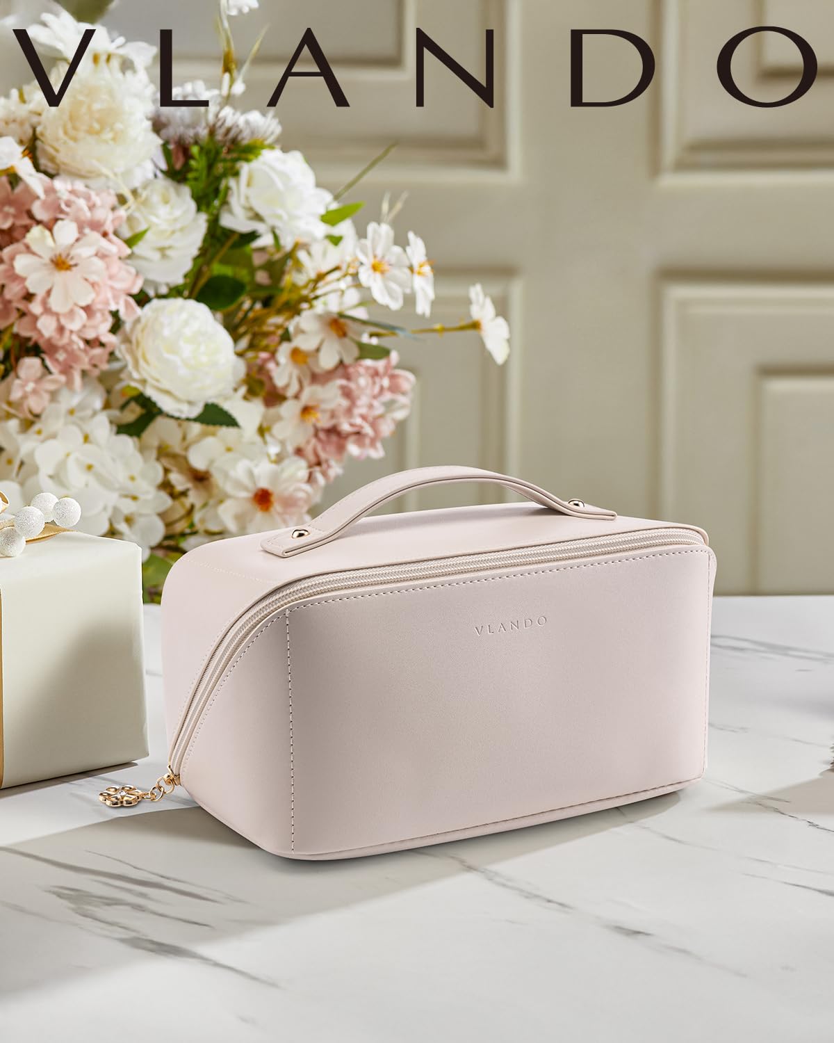 Vlando Travel Makeup Bag,Make up Bag Travel Toiletry Bag for Women Open Flat Makeup Organizer with Divider and Handle-White