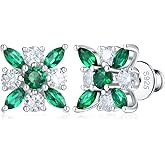 1.64 Carat Moissanite and Emerald/Sapphire/Ruby Flower Square Stud Earrings for Women, Solid 925 Sterling Silver, Anniversary Christmas Birthday Valentines Gift Wedding Earrings