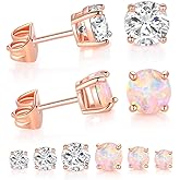 Rose Gold Earrings, 6 Pairs Earrings Set 3mm/4mm/5mm Cubic Zirconia Earring with 18K Rose Gold Plated Hypoallergenic Opal Earring Small for Women stud earring