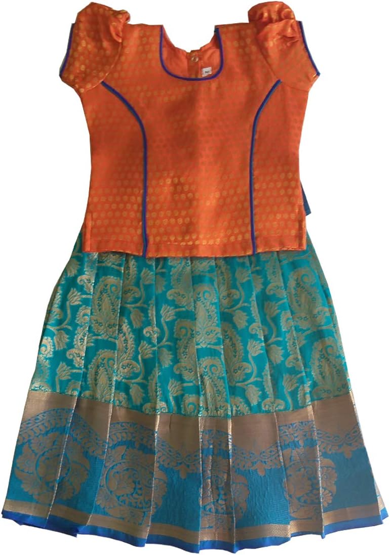 Pattu Pavadai Baby Girls Art Silk Skirt and Top (Rama Blue and Orange)