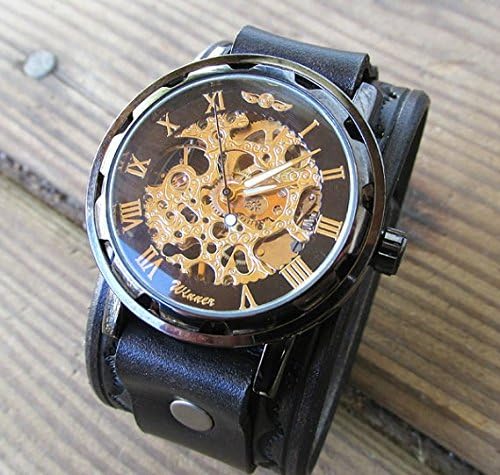 Leather Watchband, Black Watch, Wristwatch, Mens Watch, Unisex Watch, Steampunk Wrist Watch, Leather Watch, Leather Wristband, Vilon Leather - 12S-8
