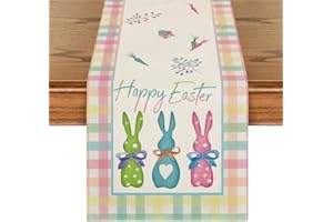 Artoid Mode Green Blue Pink Buffalo Plaid Bunny Happy Easter Table Runner, Spring Kitchen Dining Table Decoration for Home Pa