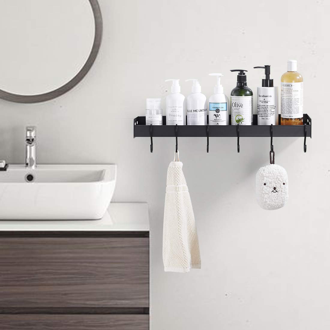 LIKAMU Kitchen Black Floating Shelf with Hooks, Large Size Wall Mounted Bathroom Shelf Wall Shelf Organizer Rack