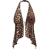 Milumia Women's Leopard Print Backless Halter Top Y2k Punk Ruffle Hem Tank Tops