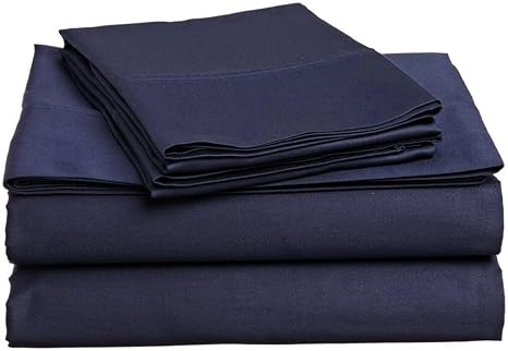 4 Pcs Bed Sheet Set Egyptian Cotton Queen Size - Navy Blue Solid (1 Fitted Sheet, 1 Flat Sheet & 2 Pillow Cover) 6 inch Drop Elastic All Round 400 TC by Mahaveer Cotton