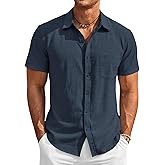 Runcati Mens Button Down Linen Shirt Short Sleeve Casual Vacation Shirts Summer Beach Wedding Tops with Pocket