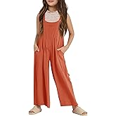 Haloumoning Girls Overalls Kids Casual Sleeveless Wide Leg Jumpsuit Loose Rompers with Pockets 5-14 Years