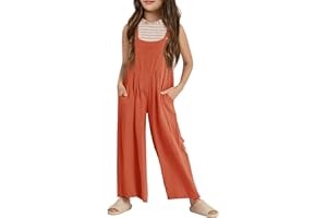 Haloumoning Girls Overalls Kids Casual Sleeveless Wide Leg Jumpsuit Loose Rompers with Pockets 5-14 Years