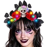 Firuilo Light Up Halloween Headband Skull Flower Crown Headbands Day of the Dead Headpieces Glitter Costume Hair Accessories for Women