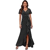 Jicht Mother of Bride Dresses with Sleeves Ruffled V-Neck Formal Dress Maxi Wedding Guest JAC38