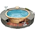 loibinfen Round Spa Surround Poly Rattan, Outdoor Massage Hot Tub Frame with Solid Acacia Wood Steps and Storage Compartment for Garden Backyard Swimming Pool Surround 111.4"x111.4"x21.7"/Grey -AA
