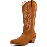LingxiaUne Cowboy Boots for Women Mid Calf - Suede Cowgirl Boots Pointed Toe Chunky Heel Western Boots for Dancing Party Concert