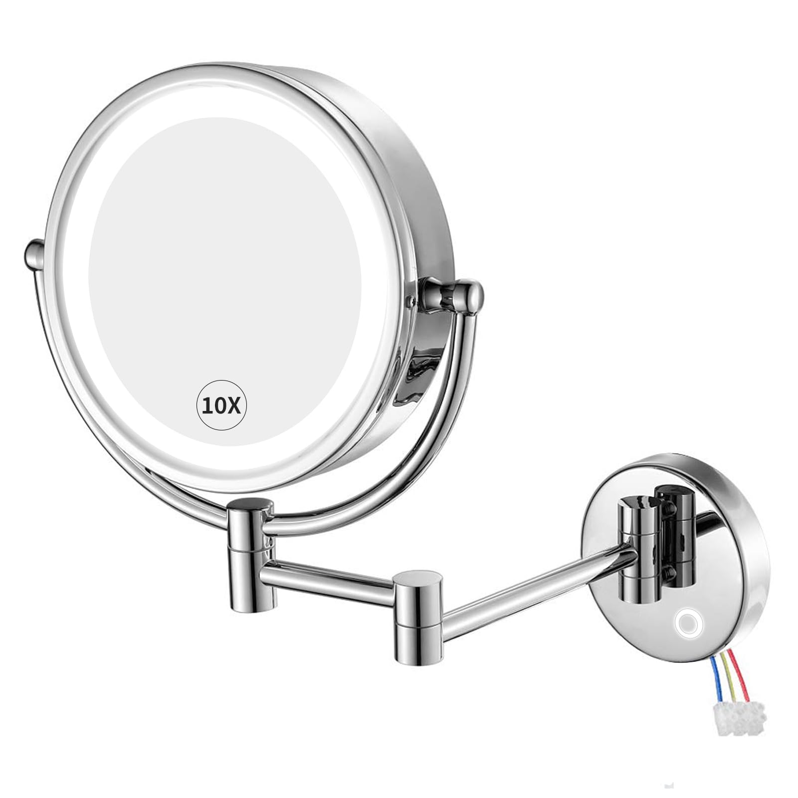 Photo 1 of GURUN Wall Mounted Hardwired Makeup Mirror with 3 Tones Dimmable LED Lights 10x Magnifying Mirror with Touch Control for Bathroom Bedroom 13" Extendable Arm Direct Wire M1809D-T(10x,Chrome)