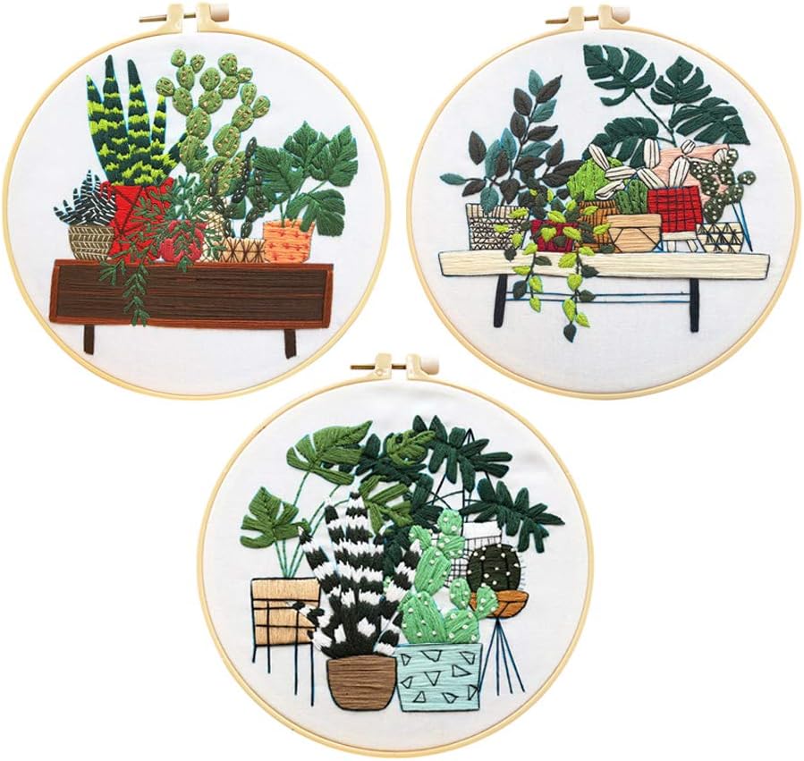 Cross Stitch Kit Hand Embroidery Kit Include 3 Embroidery Clothes with Pattern, 3 Plastic Embroidery Hoops, Color Threads and Tools