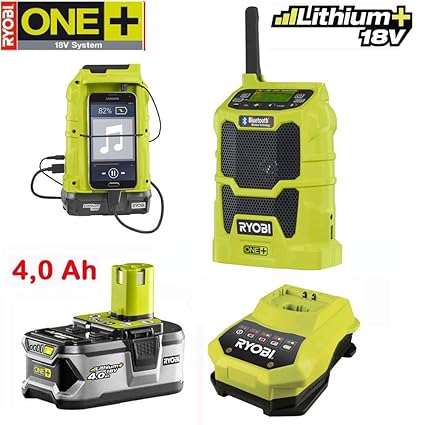 RYOBI 18V ONE+ Akku Radio/Baustellenradio R18R-0 + 4,0 Ah Li-Akku + Ladegerät