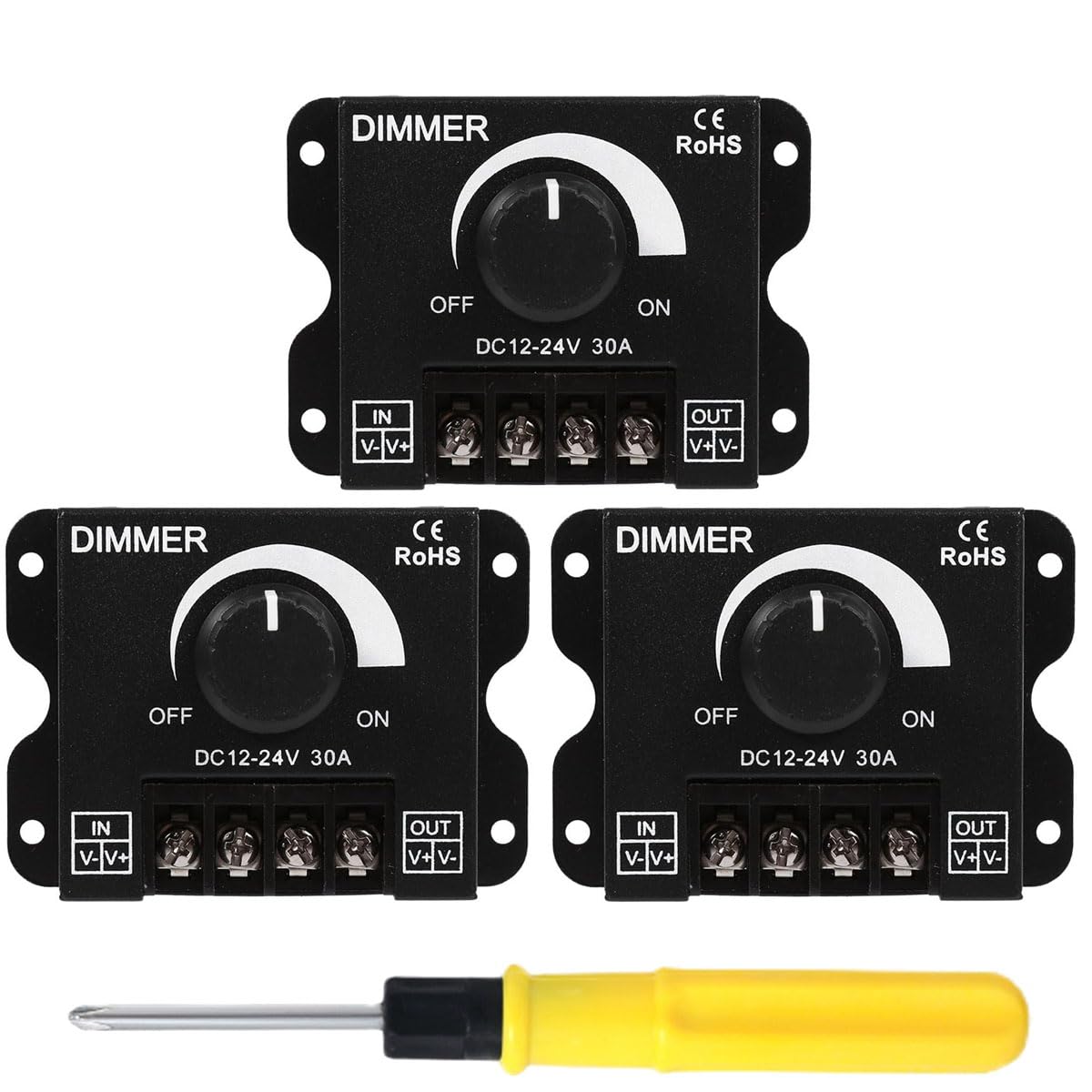 Acmerota 3Pcs LED Dimmer Controller Switch Rotary Dimmer 12V-24V 30A 144W PWM LED Dimmer Switch for Led Strip Light Single Color Single Color LED Strip Lighting Lamp Tape Light