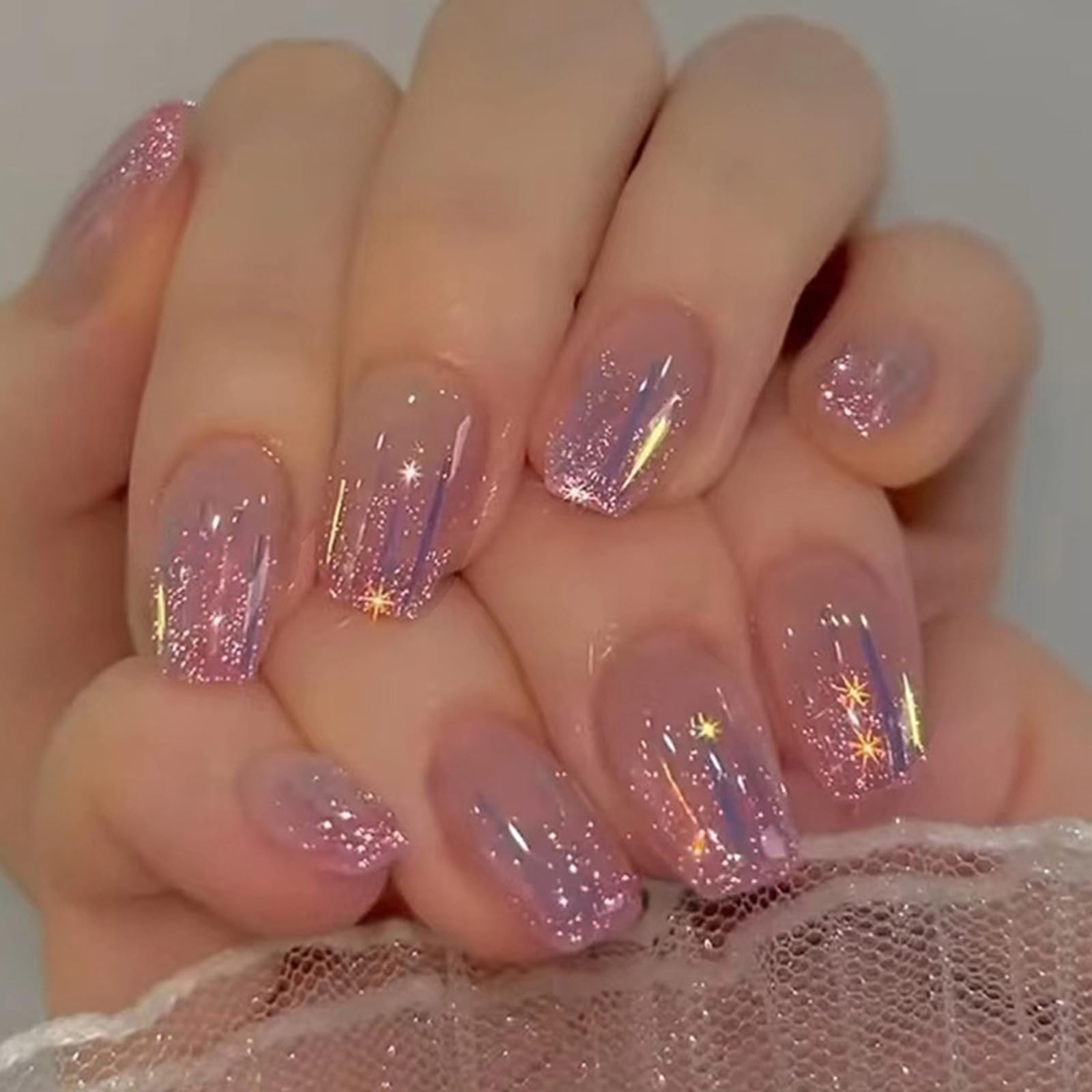 Ceboic 24pcs False Nails - Short Square, French Tip Pink Purple Designs, Aurora Meteor Press-On Nails Kit - Ballerina Full Cover Acrylic Stick on Nails Manicure Set — image 1