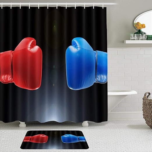 LISNIANY Duschvorhang Badezimmermatten Set，Rote Blaue Boxhandschuhe auf