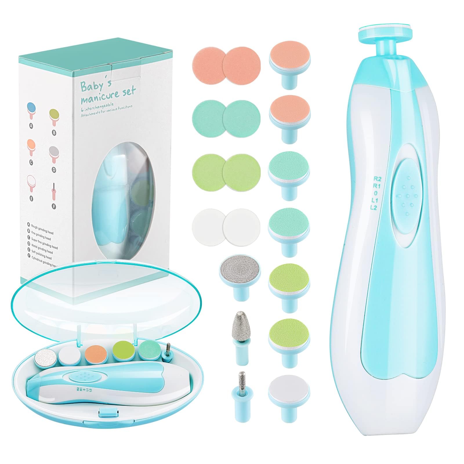 Zooawa Baby Nail Clipper 20 in 1, Electric Baby Nail Trimmer,Baby Nail File Kit with Extra 12 Replacement Pads,Trim Polish Grooming Kit for Newborn Infant Toddler or Adults Toes Fingernails Care,Blue