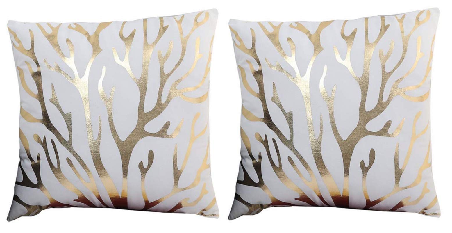 KIRALOVE Two pillow cases 40x40 cm sofa cushion - bedroom - square decorative pillow - deer - white color - bed - home - gift idea - fantasy - branches - horns - reindeer - gold print - tree - elk