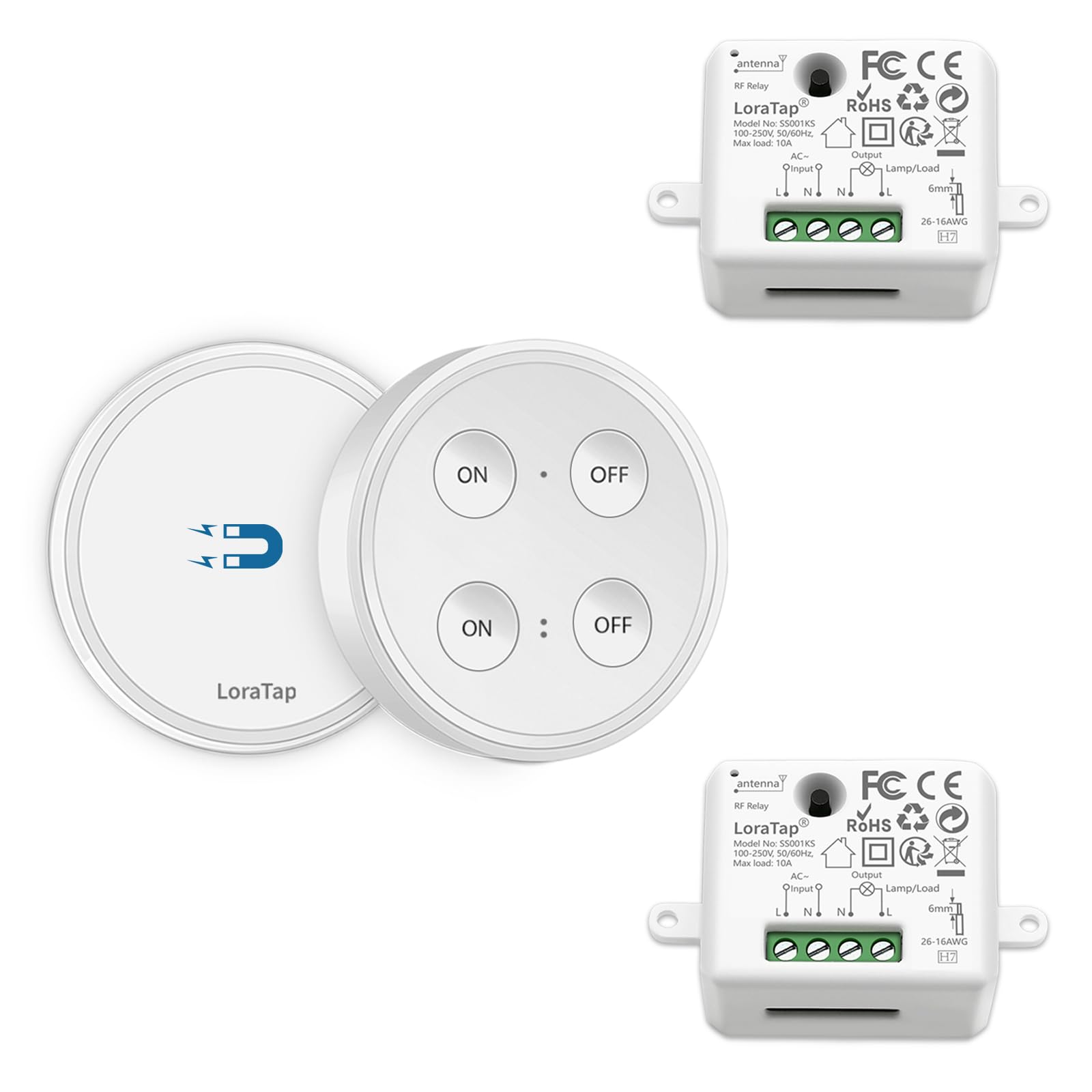 LoraTap Wireless Light Switch Kit, 656ft Range Remote Control Wall Switch for LED Lighting and Electric Appliances, Dual On/Off 2pcs 2500W Relay Receivers, White, 5 Years Warranty