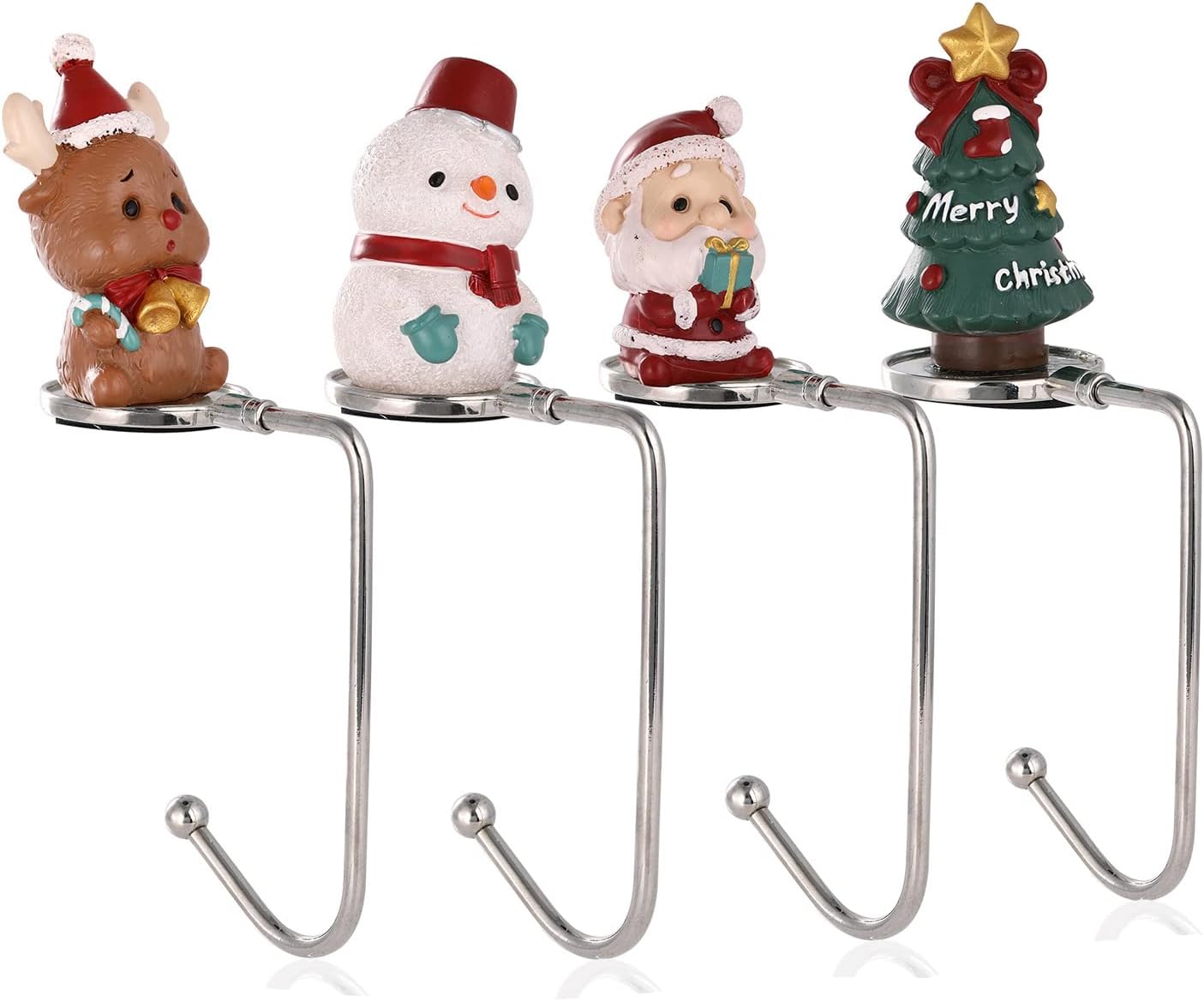 Ornament Hooks - Christmas Stocking Hangers for Mantel Set of 4，Christmas Stocking Holders for Fireplace Reindeer Xmas Tree Snowman Santa Mantel Hooks Stocking Hanger for Christmas Party Decoration