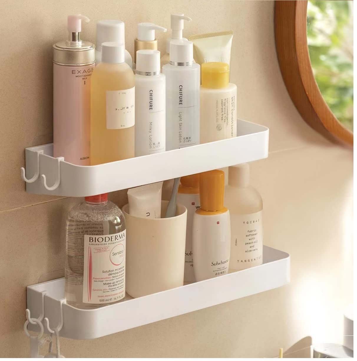 YUHIAKE Bathroom Shelves No Drilling Pack of 2, Shower Shelf with 6 Removable Hooks, Bathroom Shelves, Bathroom Shelves, Sink, Wall Shelf for Bathroom, Toilet, Kitchen, White
