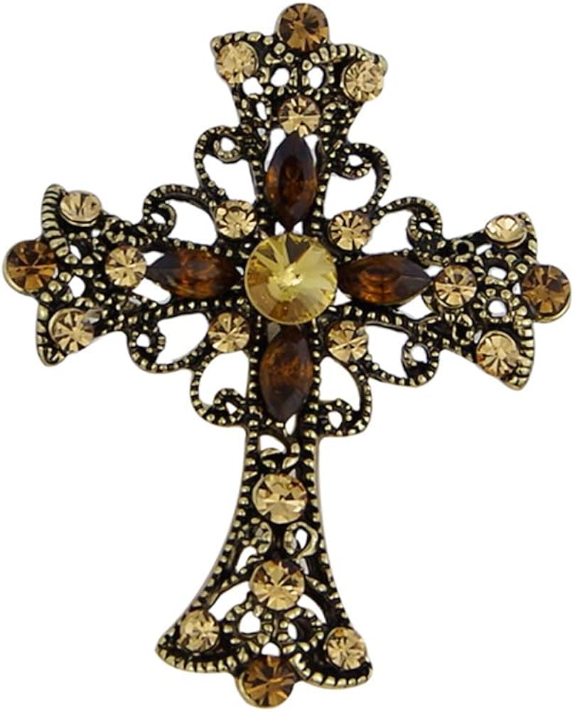 Broches Vintage Jesús Christianity Cross Brooch Curve Hollow Rhinestone