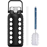 MUKOKO Half Gallon/64 oz Glass Water Bottles with Straw and Lid,Motivational Water Jug with Time Marker Reminder and Silicone Sleeve,100% Leakproof BPA Free Fitness Sports Large Bottle-Black