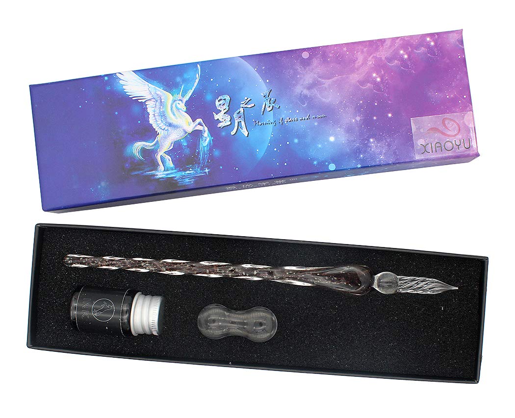 XIAOYU Luminous Glass Dip Pen Ink Set, 3 Pcs Starry Sky Calligraphy Pen Set - 1 Crystal Glass Pen, 1 Pen Holder, 1 Ink - Purple
