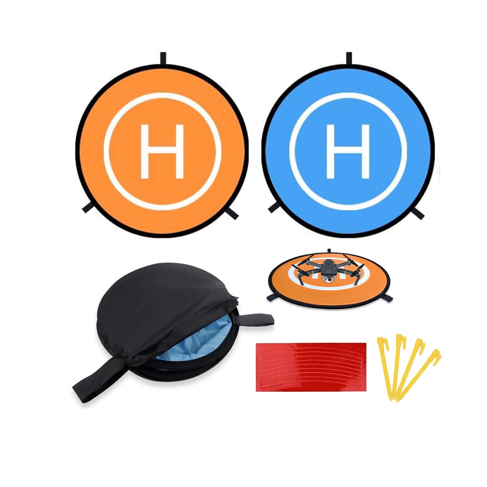 MMOBIEL Universal Drone Landing Pad Waterproof Helipad 55cm/21.6 inch Double Sided Orange/Blue for RC Drones Helicopter DJI Mavic Mini 2 / Zoom/Air Fly 2 / Phantom/Incl. Reflection Tape and Pegs