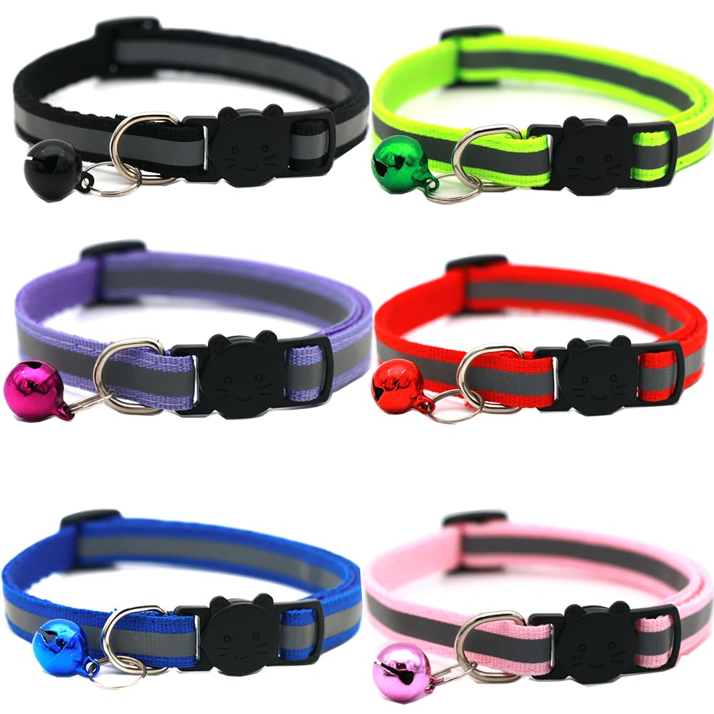 Hepplly Pack of 6 Cat Collars Quick Release Reflective Kitten Collar with Bell (6 Multicoloured)