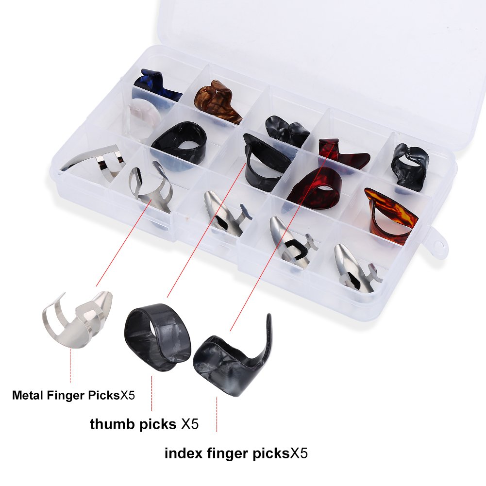 Guitar Finger Picks Thumb Picks Finger Protectors Set 15Pcs DIY Thumb replacement forefinger Finger Picks Protector Accessory with Storage Box replacement for Guitar