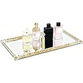 Long Mirror Crystal Vanity Tray, Crushed Diamond Filled Glass Cosmetic Makeup Tray, Perfume Jewelry Shinning Countertop Decorative Tray, for Home Party Hotel Banquet Dresser Bathroom Bedroom, Gold