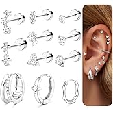 20G Helix Piercing Jewelry Flat Back Cartilage Earrings for Women - Hypoallergenic Surgical Stainless Steel Gold Stud Hoop Cartilage Helix Earring Set Daith Tragus Conch Flat Back Stud Earrings Single