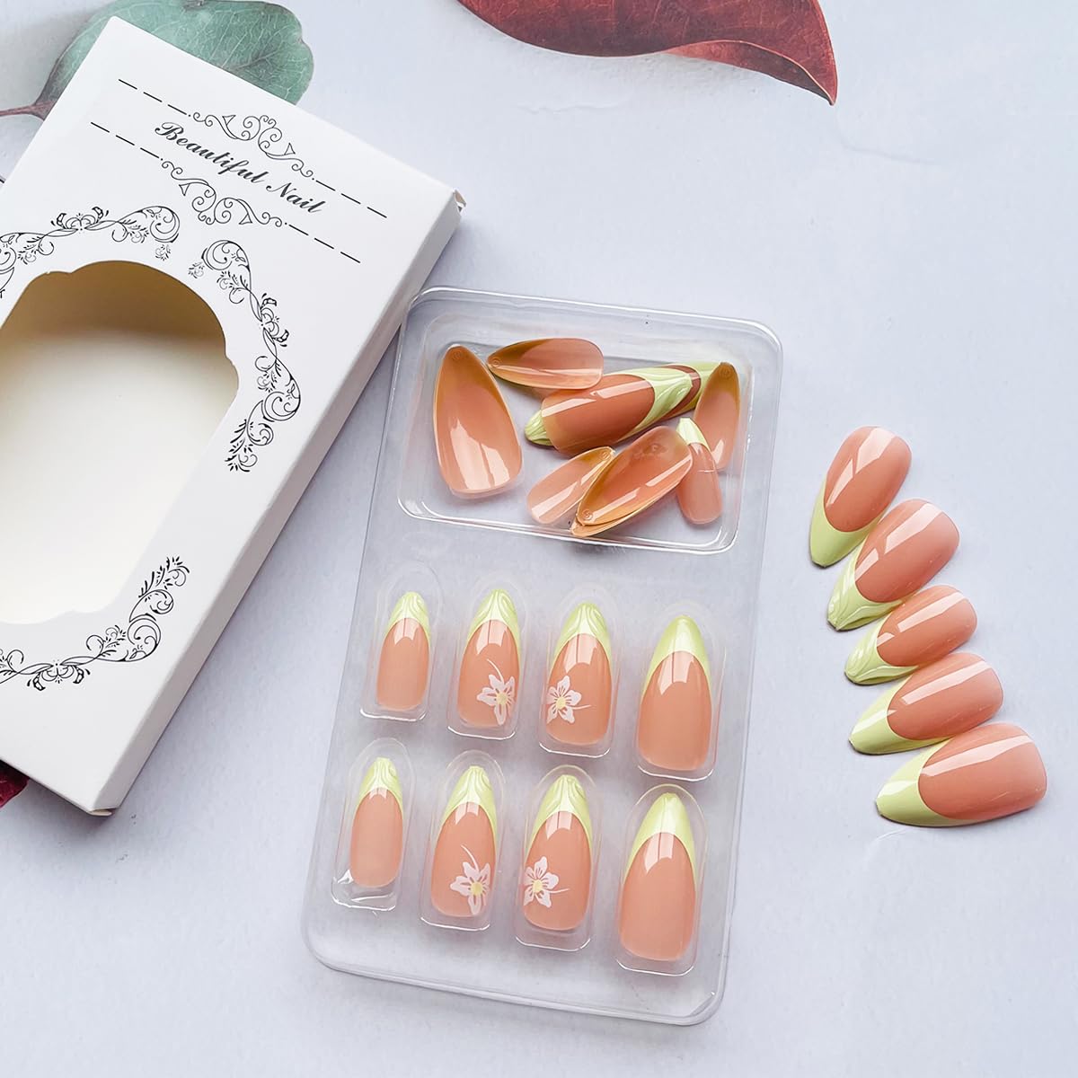 24Pcs Spring Press on Nails Almond Medium French Tip Fake Nails Cute Flowers Designs 3D Green Nail Tips Almond Shaped Acrylic Nails Full Cover Reusable Stick on Nails False Nails for Women Girls - Image 5
