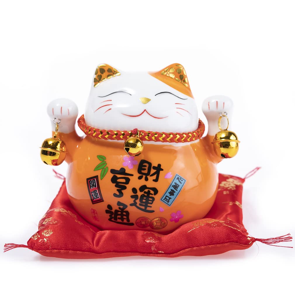 lachineuse - Cat Maneki Neko - Japanese Lucky Money Box - Asian Traditions - Orange - Porcelain - Japan Asia Decoration and Gift Idea - Protection, Luck and Happiness