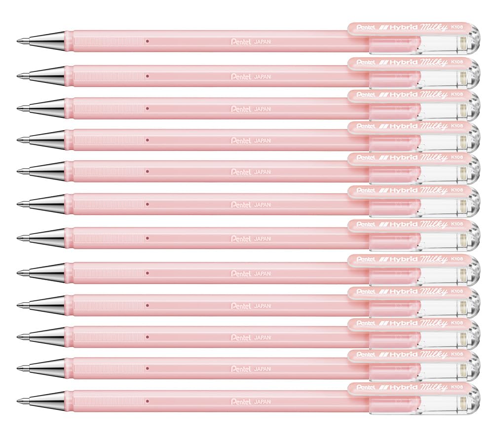 Pentel K108 Hybrid Milky Gel Rollerball Pen, Pastel Pink (Pack of 12)