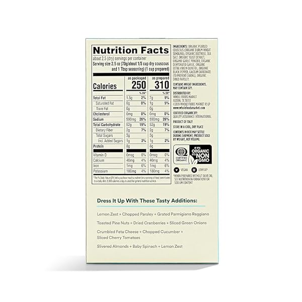 365 BY WHOLE FOODS MARKET, ORGANIC PEARLED COUSCOUS GARLIC OLIVE OIL, 5.8 OUNCE