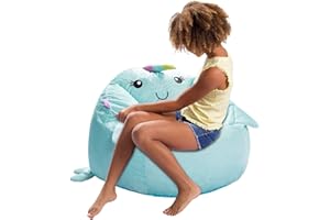 Posh Creations Cute Soft and Comfy Bean Bag Chair for Kids, Animal - Blue Narwal