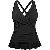 Hilor Women's Underwire Tankini Tops Tummy Control Swimsuits Crossover V Neck Swim Tops with Ruffle Hem