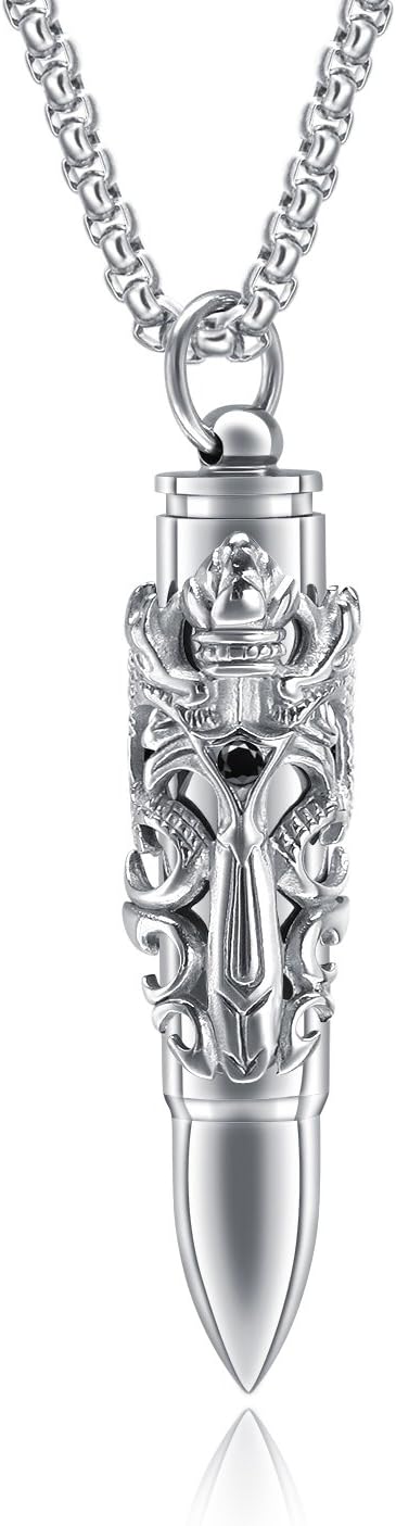 Dragon Sword Bullet Shape Canister Capsule Memorial Keepsake Pendant Cremation Ash Urn Necklace for Men