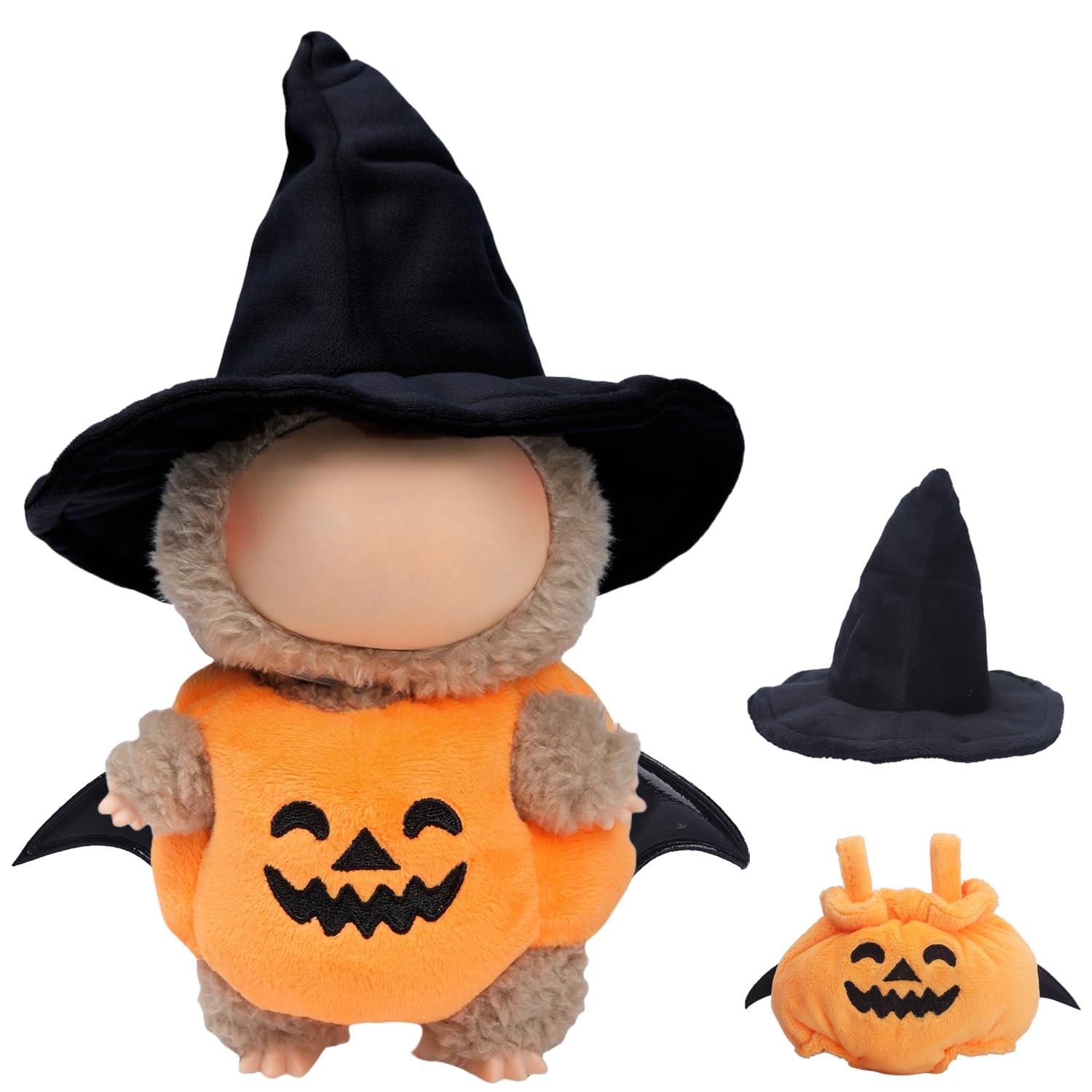 Photo 1 of 2-Piece Handcrafted Doll Halloween Pumpkin Clothes Outfit for 15cm/17cm Labubu Accessories (No Doll), Cute Pumpkin Costume with Wings & Witch Hat for Girls Boys Collectors AK074
