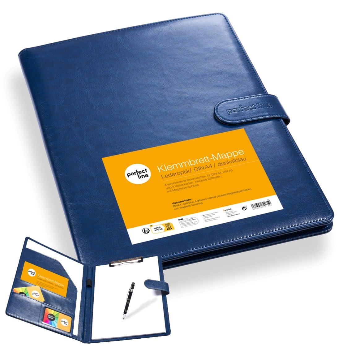 perfect line - Clipboard folder DIN A4 with magnetic closure - made of durable synthetic leather in stylish leather look - premium business folder in elegant dark blue