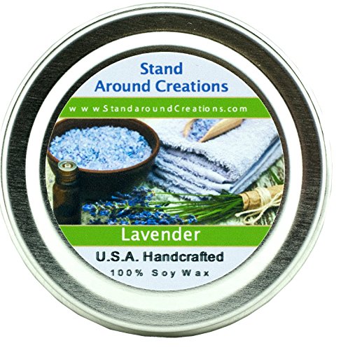 Premium 100% All Natural Soy Wax Aromatherapy Candle - 2 oz Tin Lavender: An enchanting meadow fringed with springs of lavender. This fragrance is infused with natural essential oils, including Lavender.