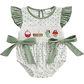 Newborn Baby Girl Fishing Outfit Fish Smocked Bubble Romper Dot Print Ruffle Bodysuit Infant Summer Clothes