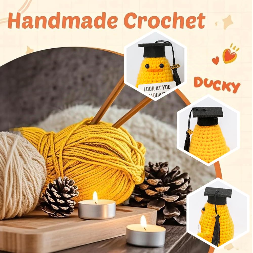 Ranvaira Funny Graduation Gifts Class of 2025, Positive Crochet Duck with Cap and Greeting Card, Handmade Emotional Support Plush College Graduation Gifts Set for Her Him