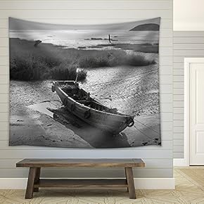 Wooden Boat by The Bay - Fabric Wall Tapestry Home Decor - 51x60 inches