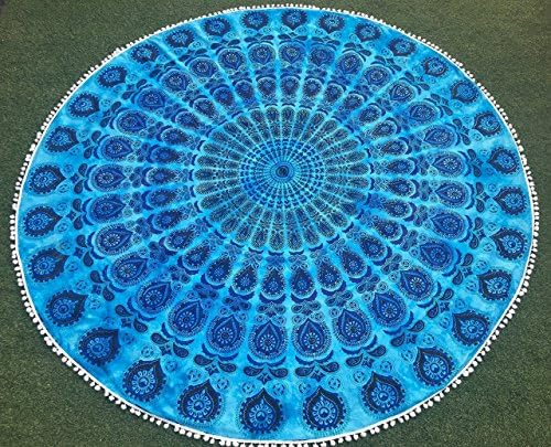 Round Mandala Indian Tapestry Pom Pom Lace Beach Throw Towel Yoga Mat 72 inches