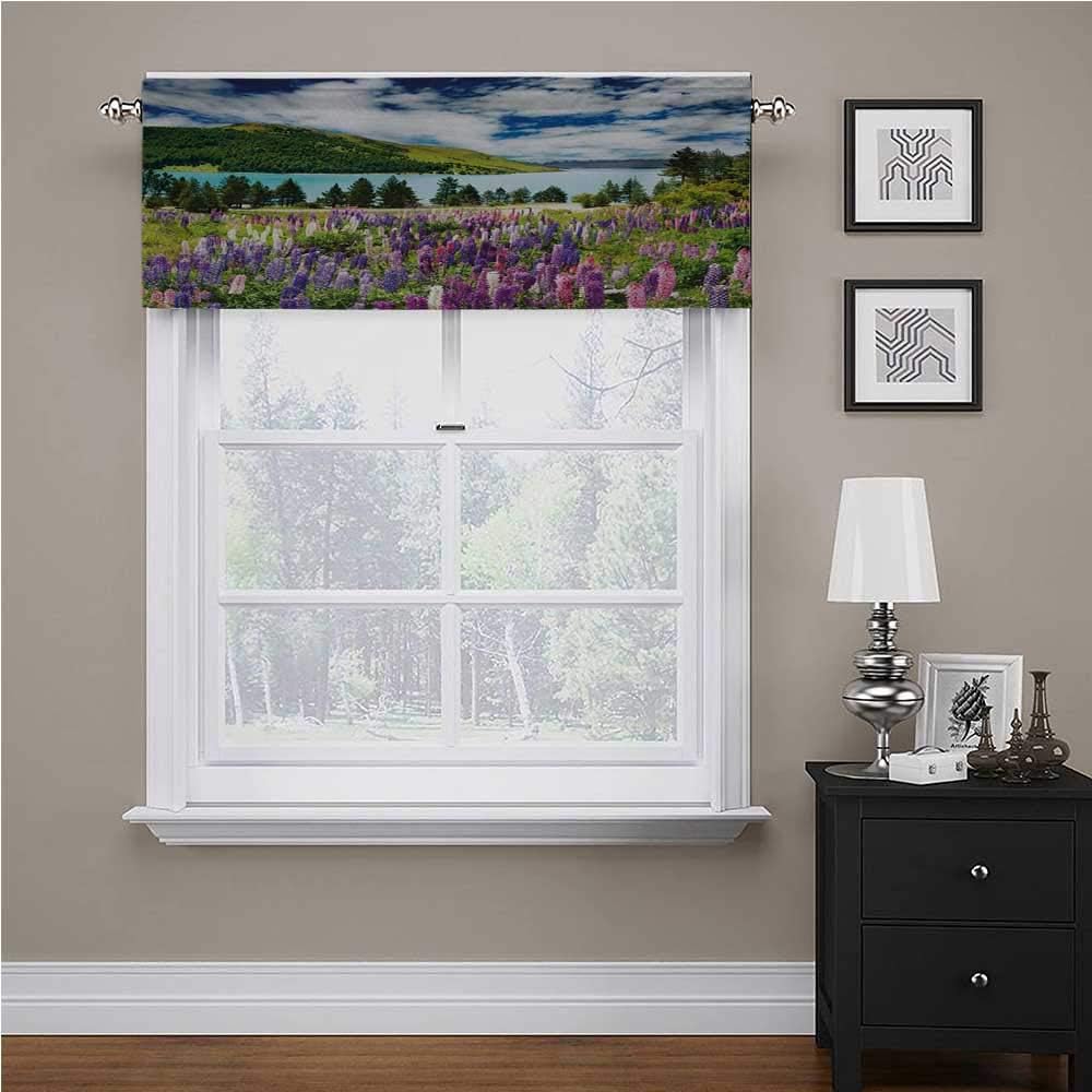 Valance Curtain Floral Mountain Meadow Valley by Lake with Blossom Petals Inspiration Picture Energy Saving Window Curtain Valance for Kids Girl Baby Nursery Bedroom Purple Fern Green 56 x 14 Inch